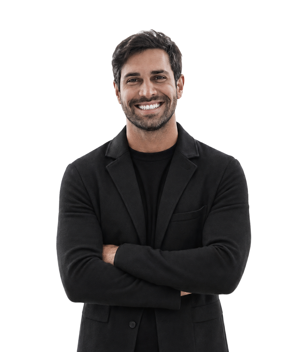 Professional portrait of Nathan Torelli, smiling with arms crossed, wearing a black blazer